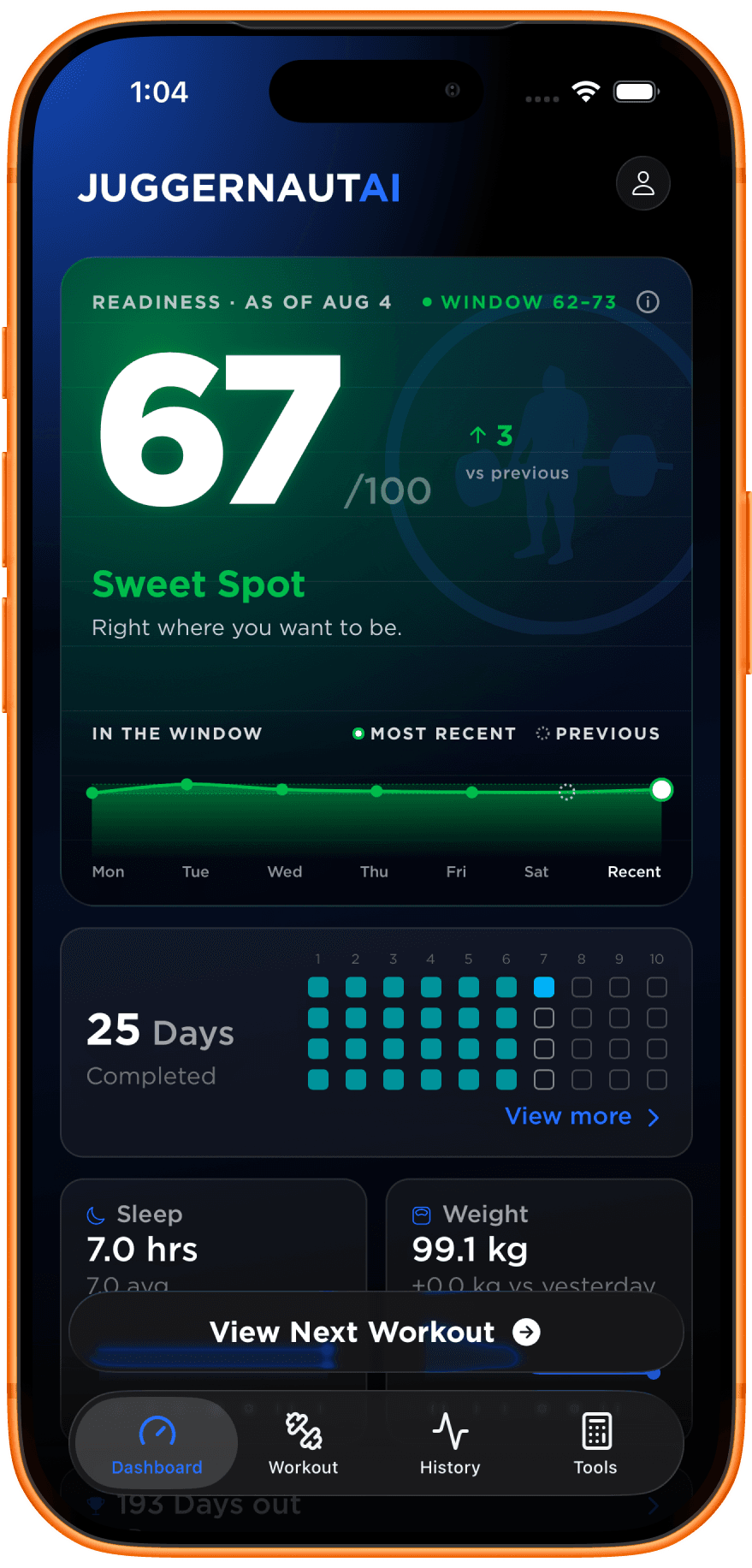 JuggernautAI dashboard showing readiness score and next workout